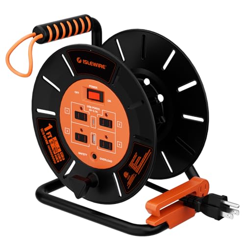 Extension Cord Storage Reel with 4-Grounded Outlets & 2 USB Ports, Heavy Duty Open Cord Reel for 12/3,14/3,16/3 Gauge Power Cord, Hand Wind Retractable, 15A Circuit Breaker, ETL Listed, Orange - color: Orange