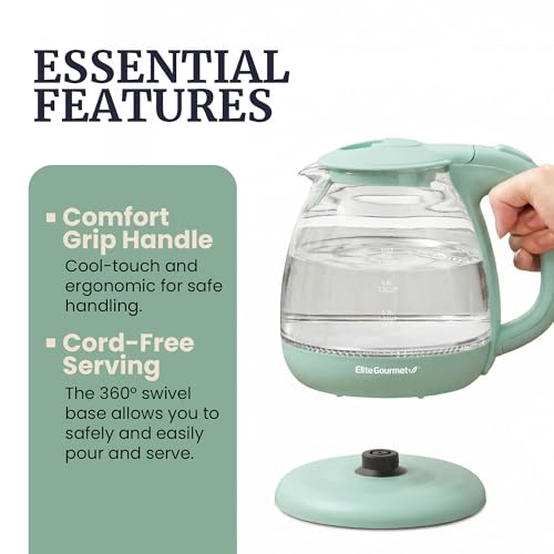 Elite Gourmet 1L Glass Electric Water Kettle, BPA-Free, Fast Boil, Auto Shut-Off, Boil-dry Protection, 360° Swivel Base with Cordless Serving, Clear-view Water Level Markings, Mint - size: 1.1 Quarts