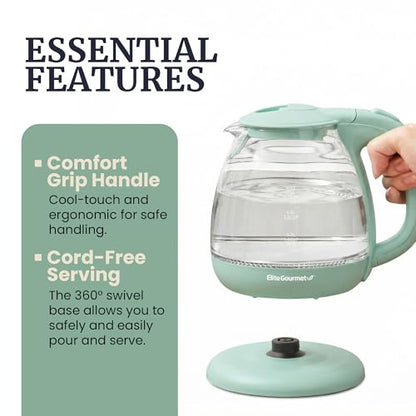 Elite Gourmet 1L Glass Electric Water Kettle, BPA-Free, Fast Boil, Auto Shut-Off, Boil-dry Protection, 360° Swivel Base with Cordless Serving, Clear-view Water Level Markings, Mint - size: 1.1 Quarts