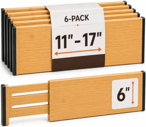 6-Pack Drawer Dividers - 6 Inches High, Adjustable 11 to 17 Inches Bamboo Drawer Organizers, Large Deep Expandable Separators for Clothes, Dresser, Bedroom, Bathroom, Baby , Office, Kitchen Utensils - color: Bamboo, size: 6-Inch High