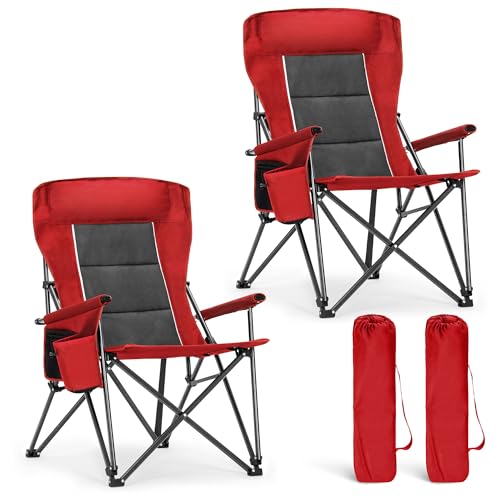 ALPHA CAMP Heavy Duty Camping Chairs with Cup Holder Oversized Folding Chair 500LBS Capacity Outdoor Chair with Headrest,Lawn with Side Pocket for Lawn, Sports and Fishing - color: Red, size: 2PC