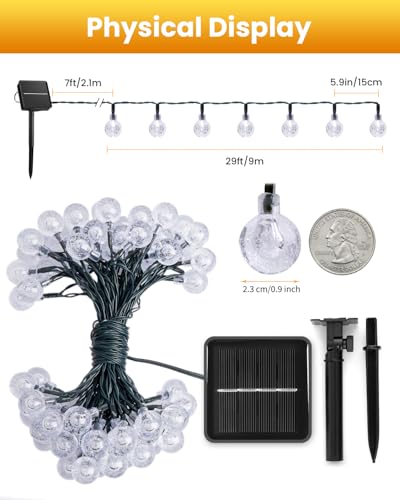 Brightown Solar String Lights Outdoor 60 LED 36FT with 8 Lighting Modes, Waterproof Solar Powered Crystal Globe Patio Lights for Garden Yard Porch Wedding Party Decor (Warm White) - style: Globe Warm White