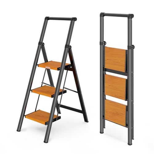 WOA WOA 3 Step Ladder, Ladders for Home, Anti-Slip Pedals, Aluminum Step Stool Foldable, Lightweight to Move, Ease of Storage, Reach 8ft for Closet Kitchen Library, Hold 300lbs - Black&Wood Grain - color: Black & Wood Grain, size: 3 Step