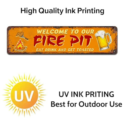 Funny Camping Signs, Welcome to our Fire Pit Eat Drink and Get Toasted, Novelty Tin Camper Decor, Metal Signs 4x16 Inches - color: V-102