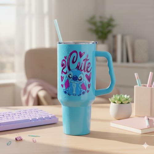 Silver Buffalo Disney Lilo and Stitch “2 Cute” Double Walled Stainless Steel Tumbler with Handle, Fits in Standard Cup Holder, 40 Ounces - color: Kawaii Stitch Sitting