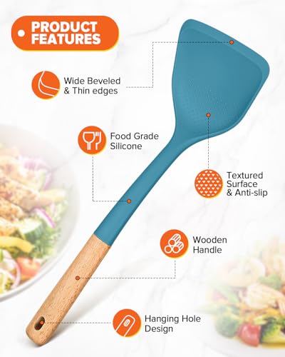 Silicone Cooking Utensils Set, Perfectly Angled for Frying, Mixing,Serving,Draining,Turning and Stirring, BPA-Free Matte Silicone, Wood Handles, Safe for Nonstick Cooking Surfaces,4 Pack (Blue) - color: Blue