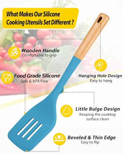 Silicone Kitchen Utensil Set for Non Stick Cookware, 7 Pcs Heat Resistant Cooking Utensils with Wooden Handle, BPA Free Kitchen Tools with Spatulas, Spoons, Skimmer and Pasta Fork (BLUE) - color: Blue