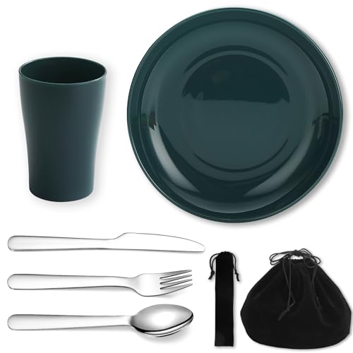 Evanda Camping Cutlery Set, Reusable Light Weight Mug, Plate and Stainless Steel Cutlery Set with Black Bag, Dishwasher Safe - color: 1.1 Person