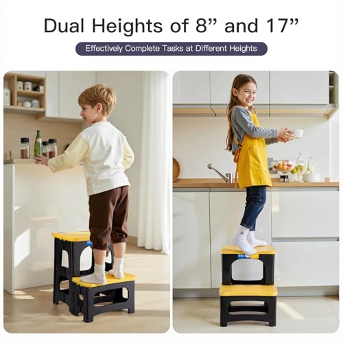 Korpai Folding 2 Step Stools,8" & 17" Dual Heights,Foldable Step Stool for Adults and Kids,Hold up to 250lbs,Collapsible Step Stool for Kitchen Bedroom Office Bathroom RV, Yellow - color: Yellow