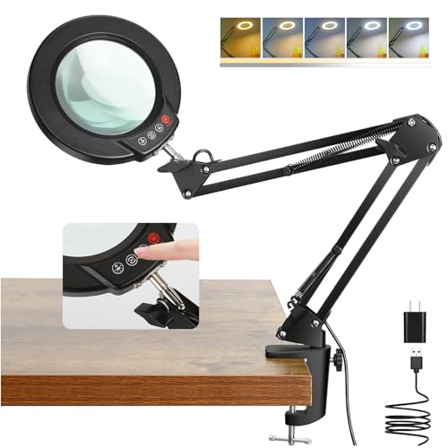 Coyeth 10X Magnifying Glass with Light and Clamp, Real Glass Stand Lighted Magnifier, 5 Color Modes Stepless Dimmable LED Desk Lamp Hands Free for Crafts Hobby Reading Painting Sewing Close Work - color: Black, size: 10X