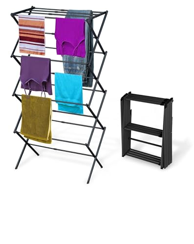 BLACK+DECKER 4-Tier Expandable Collapsible Clothes Drying Rack, Telescopic Height, Foldable Space-Saving Laundry Air Dryer for Towels, Shirts & Delicates – Durable Steel, No Tools Needed - color: Black/Black