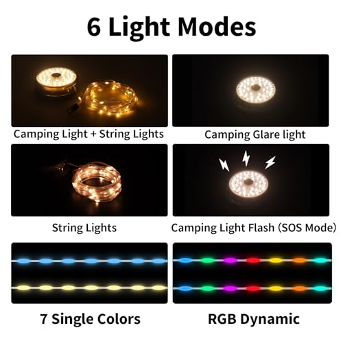Camping String Lights, Camping Essentials 2 in 1 Quick Storage 32.8FT Rechargeable Waterproof Tent Lights with with 6 Modes, Portable LED Hanging Light for Outdoor Patio Awning Garden Party