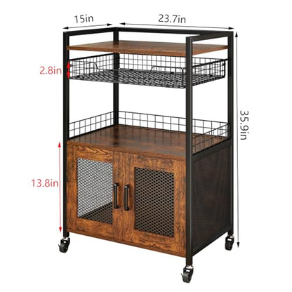Hencawima Coffee Bar Cabinet, 3 Tier Coffee Station Table on Wheels, 35.9" H Bar Cart with Wire Basket Drawer & 5 Hooks for Home Kitchen, Liquor Buffet Sideboard Cabinet (Rustic Brown) - size: X-Large