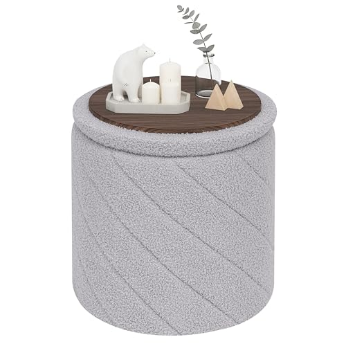 PINPLUS Ottoman with Stroage Round Boucle Ottoman and Tray Sherpa Removable Foot Stool Coffee Table for Dorm, Living Room Grey, 13"x13"x13.7" - color: Grey, size: 13"D x 13"W x 13.8"H