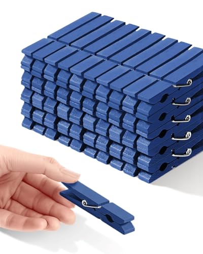 Blue Clothes Pins, Colored Wooden Clothespins for Baby Shower Game, Wreath, Crafts, Strong Grip Close Pins Birchwood Clips Clothespin Clothing Pegs for Hanging Clothing Photos, 2.83 Inch, Pack of 50 - color: Navy Blue