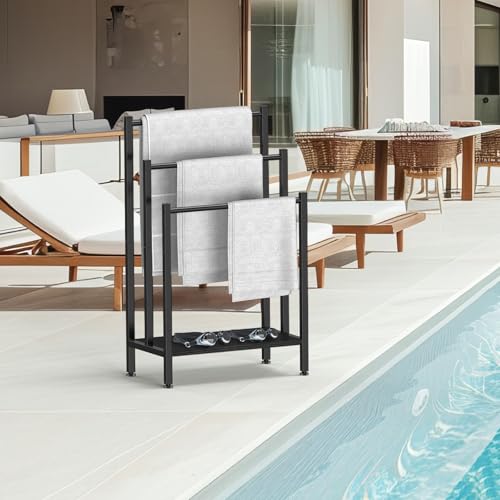 Freestanding Towel Rack, 3 Tier Metal Standing Towel Rack with Wooden Shelf, Blanket Holder and Bath Towel Drying Rack for Bathroom, Black - color: Black
