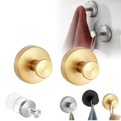 2025 Upgraded No-Drill Hooks, Suction Cup Hooks, Stainless Steel Suction Cup for Shower, Bathroom, Hanging Towels, Mounting on Glass Shower Doors, Tile, Mirrors (Gold 2PCS) - color: Gold 2PCS
