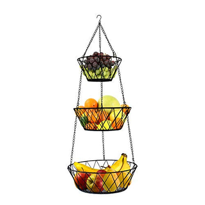 Heavy Duty - 3 Tier Hanging Kitchen Black Fruit Basket - color: Black