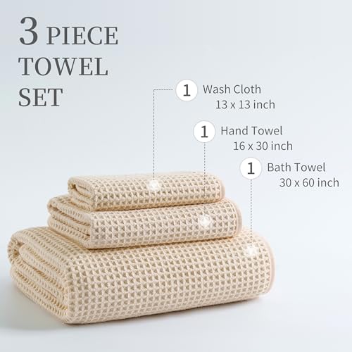 MICROFI New Microfiber Waffle Bath Towels, 3 Pieces, Oversized, Soft, Absorbent, Fast Drying, Lint Free, Includes Bath, Face and Hand Towels 430 GSM (Champagne) - color: Champagne