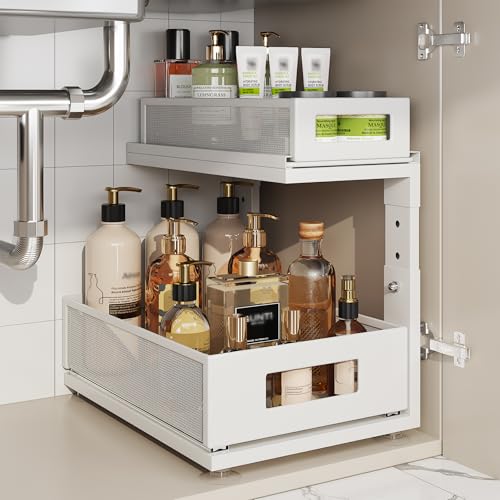 1 Pack 15.74IN-Depth Under Sink Organizer with Next-Gen Ball-Bearing Slides,2-Tier Pull Out Cabinet Storage,Height Adjustable Drawer Shelf for Bathroom,Kitchen,Laundry,Cabinet,Pantry-White - color: White, size: 1 Pack-15.74"Dx12.8"-16.9"H