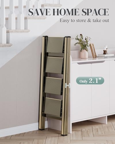 4 Step Ladder, Folding Step Stool with Wider Pedal, Anti-Slip Feet & Non Slip Stripes, Aluminum Sturdy Material, 300Lbs Capacity, Elegant Look of Champagne Gold Better Matches Your Home - color: Champagne Gold, size: 4 Step
