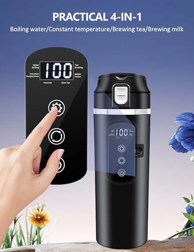 Intelligent 12V Car Electric Kettle with Touchscreen, 13.5oz Travel Kettle, 304 Stainless Steel, Leak-Proof Lid, Variable Temperature (113-212°F) for Coffee, Tea & Milk – Ideal for Trucks, Buses, Cars - color: Black 12V/400ml/S
