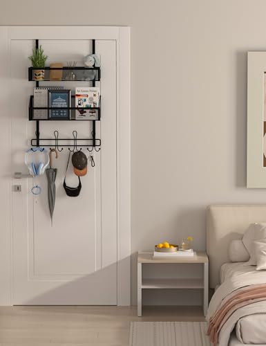 Over The Door Hooks Organizer Storage - Over The Door Hanger for Coat Rack, Storage with 12 Hook & 2 Mesh Baskets, for Bathroom,Bedroom,Kitchen,Office (2Tier Basket with 12 Hooks)