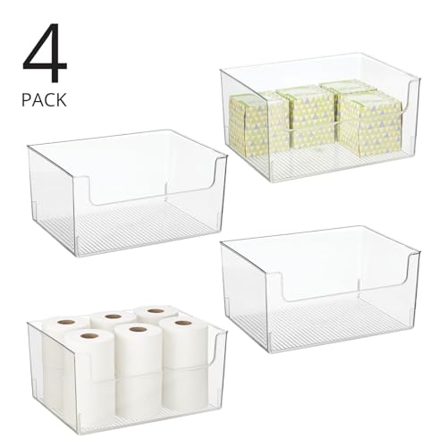 mDesign Large Modern Plastic Open Front Dip Storage Organizer Bin Basket for Bathroom Organization - Vanity Shelf, Cubby, Cabinet, and Closet Organizing Decor - Ligne Collection - 4 Pack - Clear