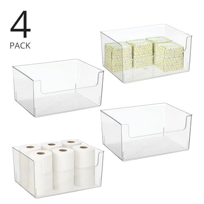 mDesign Large Modern Plastic Open Front Dip Storage Organizer Bin Basket for Bathroom Organization - Vanity Shelf, Cubby, Cabinet, and Closet Organizing Decor - Ligne Collection - 4 Pack - Clear
