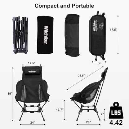Wildhiker Compact High Back Camping Chair - Foldable with Dual Sitting Modes, Pillow, Arm Pads and Side Pockets - Lightweight Portable Chair for Motorcycle, RV, Festival, Travel - Black - color: Black