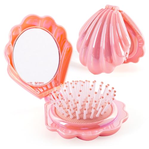 Iridescent Shell Folding Hair Brush with Mirror, Compact Travel Size Mermaid Hair Brush for Purse, Portable Brush Mini Pocket Mirror Massage Comb for Women (PINK) - color: PINK