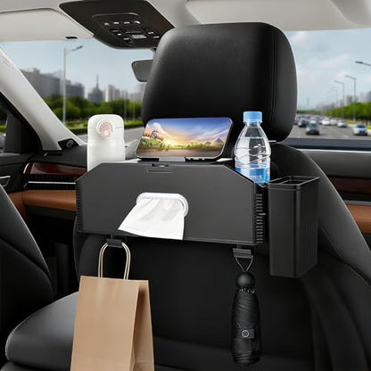 7-In-1 Car Seat Back Organizer with Cup Holders, Tissue Box, Removable Trash Can & Hooks, Multifunctional Car Seat Back Storage Box, Extra Headrest Cup Holder for Backseat (Black02) - color: Black02