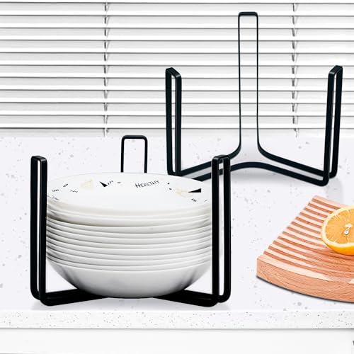Dinnerware Bowl Plate Holder Fit for 6.5 Inches Diameters Bowl, Metal Bowl Storage Dying Display Rack for Kitchen Drawer, Countertop, Cabinet, Shelf, Cupboard (Black, Large 2PCS) - color: Black, size: Large 2PCS