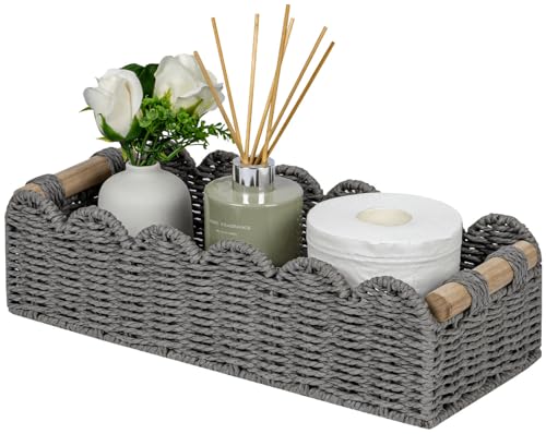 CubesLand Scalloped Edge Toilet Paper Storage Basket, Living Room Home Cozy Decor Basket, Paper Rope Small Baskets for Over Toilet Storage Shelf, End Table, Shelves, with 2 Wooden Handles, Grey - color: Grey, size: m - 14 X 6.3 X 3.9in