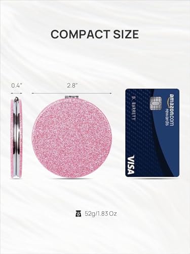 OMIRO 1X/10X Magnifying Compact Mirror with PU Leather, Ultra-Portable for Purses and Travel, Round Pink - color: Pink