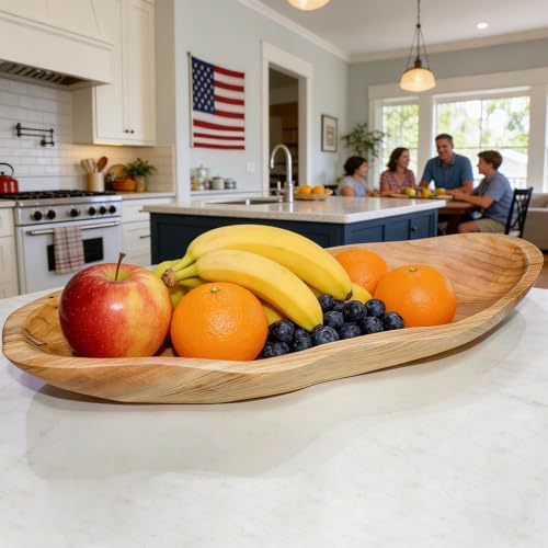 BTEOBFY 15-Inch Wavy Wooden Fruit Bowl - Handcrafted Solid Wood Decorative Basket for Kitchen Countertop - Large Rustic Dough Bowl Centerpiece, Natural Driftwood Decor for Bread & Snacks - size: 15.5 INCH