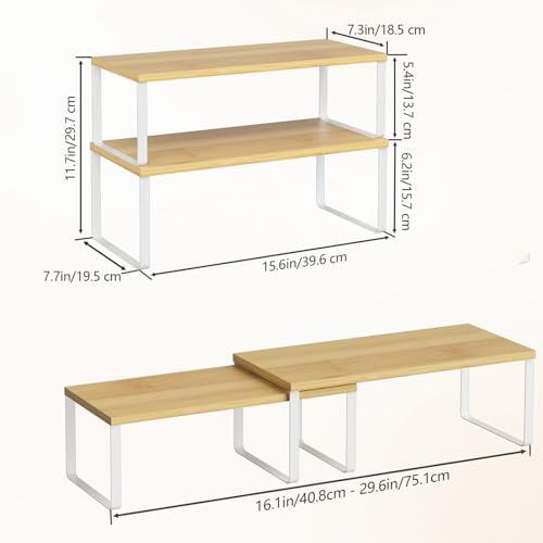 NEX Kitchen Cabinet and Counter Shelf Organizer, Stackable & Expandable, Set of 4, White and Natural - 7.7 x 15.6 x 6.2'' - color: Cloud White + Natural Beige, size: 15.6''W