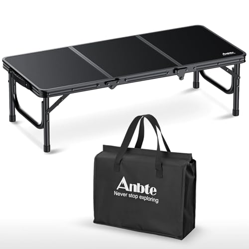 Anbte 34.2" x 15.7" Small Low Folding Picnic Table, 10.3" Height Thicker Aluminum Small Camping Table with Storage Bag, Portable Handle, Lightweight, for Camping Beach Party Picnic Floor, Black - color: Black, size: 34.2" x 15.7" x 10.3"