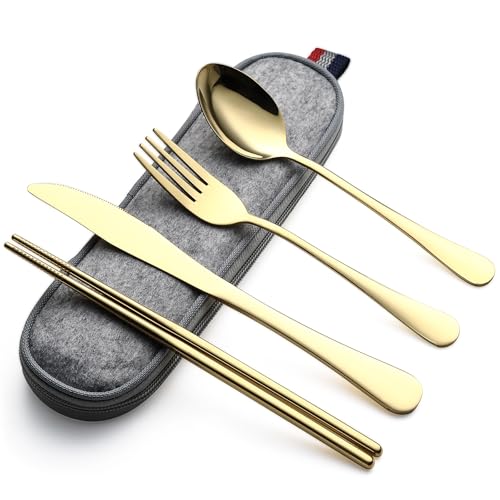 DEVICO Camping Utensils, Full-Size Reusable Silverware for Lunch Adult, Stainless Steel Travel Cutlery Set with Case, Portable Fork Spoon Knife Set for Work, Flatware with Chopsticks (Gold) - color: Gold