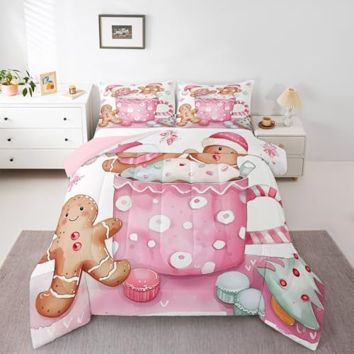 Feelyou Christmas Bedding Set Soft for Boys Girls, Pink Gingerbread Comforter Set Full Size Christmas Decor Duvet Quilt Microfiber Xmas Bedroom Decor 3 Pcs with 2 Pillow Cases - color: Ch-01, size: Full