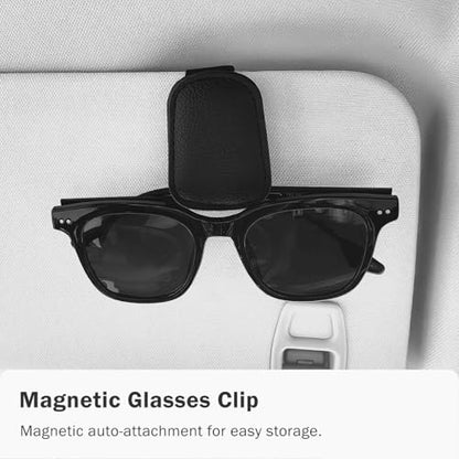 Sunglass Holder for Car Visor, Magnetic Leather Sunglasses Holder and Ticket Card Clip for Car - color: Black