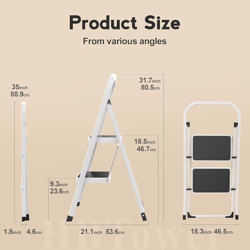 HBTower Step Ladder Folding Step Stool for Adults with Anti-Slip Pedal,330 lbs Capacity for Kitchen, Home,White - size: 2 Step Ladder