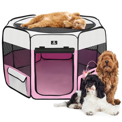 X-ZONE PET Dog Playpen Portable Pet Play Pens for Puppies, Cat, Rabbit, Chicks, Foldable Exercise Play Tent Kennel Crate, Indoor/Outdoor Travel Camping Pink Large - color: A Pink, size: Large