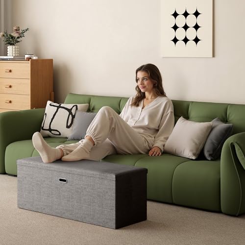 VECELO 43'' Folding Storage Ottoman Bench, End of Bed Linen Fabric Foot Rest Stool with Padded Seat, Large Footstools for Bedroom, Living Room, Load 660 lb, Grey