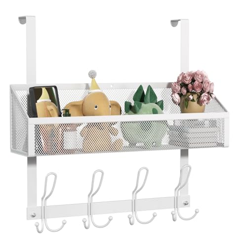 Over Door Hook Organizer, 12 Hook Over The Door Organizer with Mesh Basket - Back of Door Storage Towel Rack Space Saving Storage Organizer for Bedroom, Bathroom, Kitchen, Pantry, White - color: 1 Mesh Basket-White