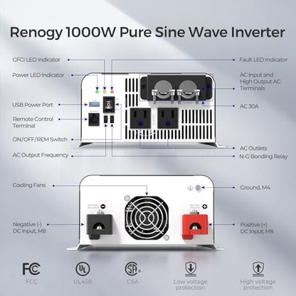 Renogy Inverter PUH, 1000W Pure Sine Wave Power Inverter with UPS Transfer Switch & Bluetooth, 12V DC to 120V AC Converter for RV, Truck, Home,Camping - 2000W Surge Power, Remote Monitoring - size: 1000W(Built-in BT & ATS)