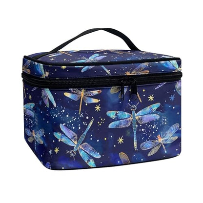Comestic Bag for Women Blue Dragonfly Printed Makeup Brush Bag Exquisite Portable Travel Case for Toiletries Skin-Care Products with Versatile Uses - color: Blue Dragonfly