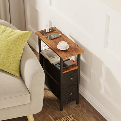 TRIFEBLE End Table with Charging Station, Narrow Side Table with 2 Fabric Drawers, Skinny Nightstand with LED Light, Slim Bedside Table for Bedroom, Living Room, Small Spaces, Rustic Brown and Black - color: Rustic Brown + Black