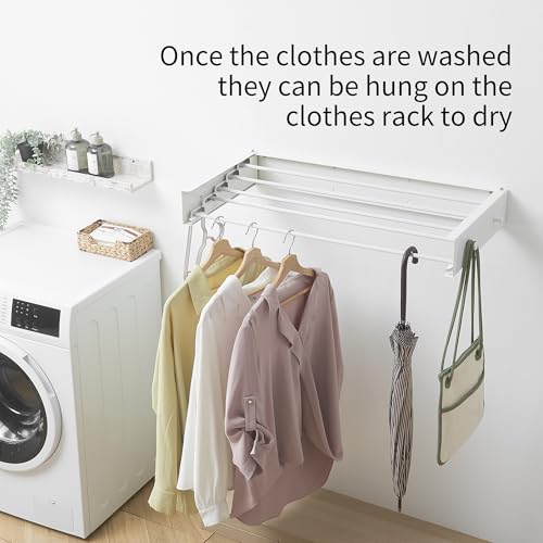 Clothes Drying Rack,Laundry Hanging Rack Collapsible,Wall Mounted Drying Rack for Laundry,Foldable Drying Rack Indoor Outdoor,31.5" Wide,5 Aluminum Rods with Hooks, 60 lb Capacity (White 31.5" Hooks) - size: 31.5 Inch with hooks