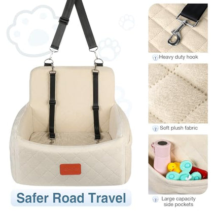 WOOAIDAGG Dog Car Seat for Under 30lbs Dogs,Comfy Febric Fill in Memory Foam,Washable and Detachable Pet Travel Car Bed,Anti-Slip Bottom,2 Safety Leashes & Storage Pockets(Beige) - color: Beige